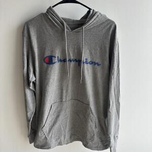 Champion Men's Pullover Hoodie Hooded Logo Sweatshirt Lightweight Grey Size M